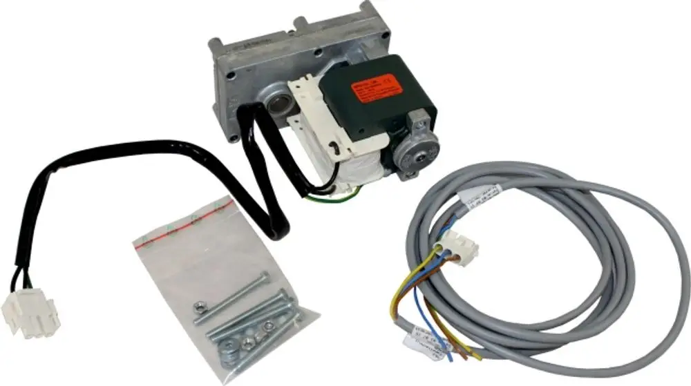 Motor mit einem Gehäuse, Kabeln und Zubehör, geeignet für Anwendungen von Wolf, z.B. in Heizsystemen. Anbauteile liegen in einem kleinen Beutel bei.